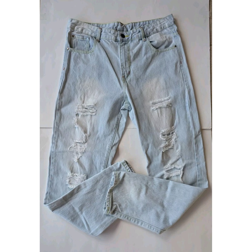 Romwe Jean Men's 32 Blue Light Wash Distress Ripped  Cotton Blend